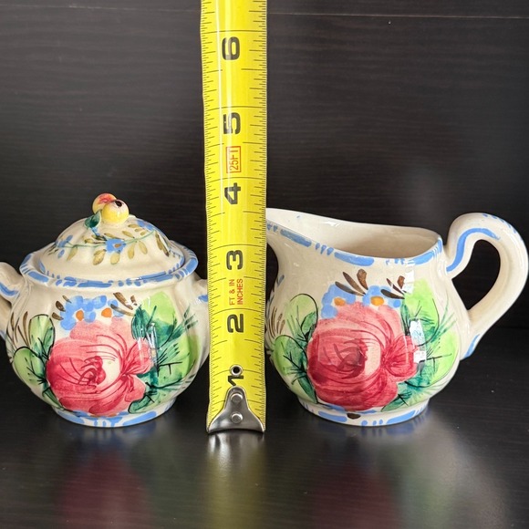 Floral Cream and Sugar Set Painted Made in Italy Cream Blue Pink Collectible - Picture 4 of 9